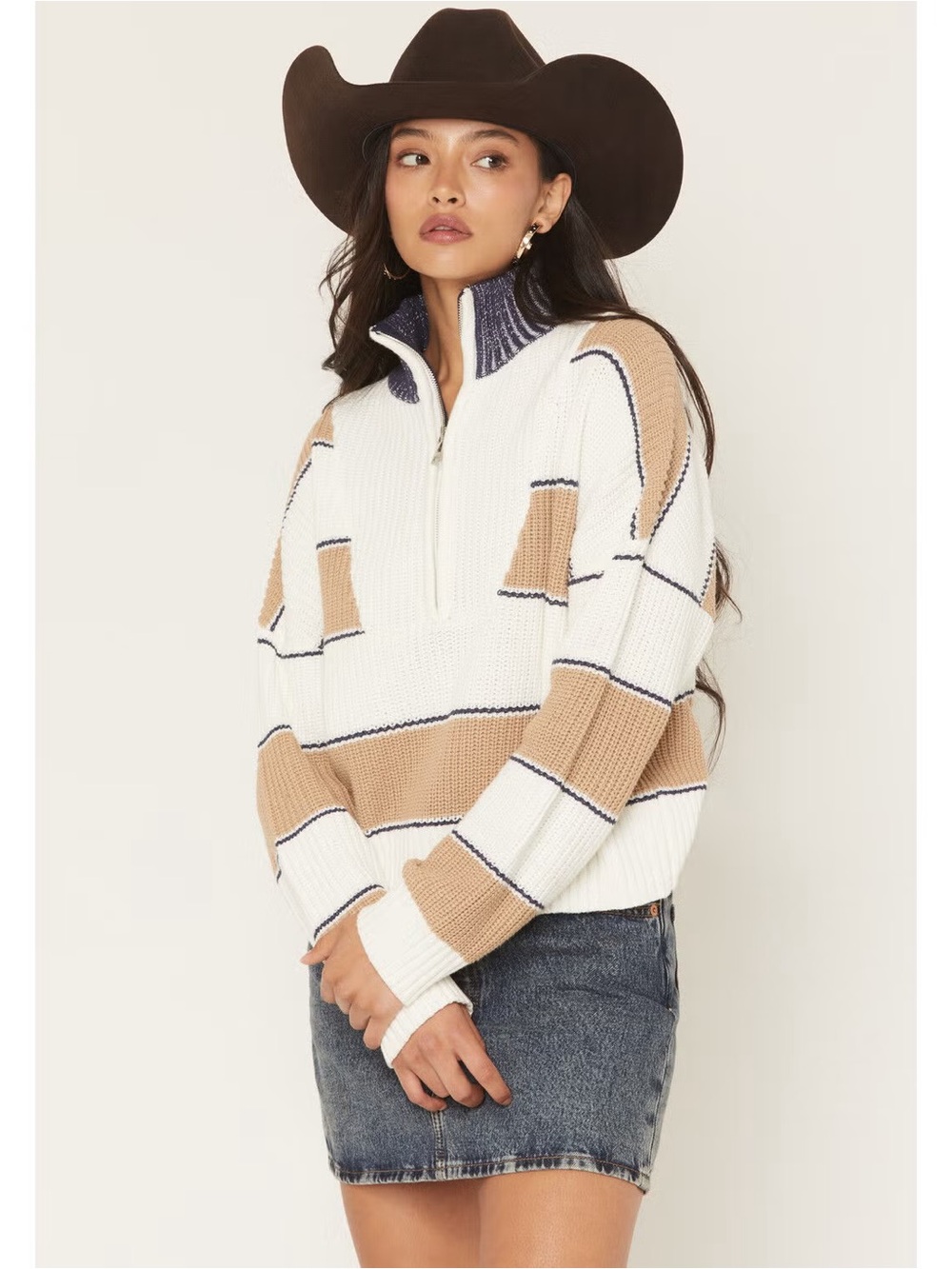 Elan Women’s Half-Zip Striped Pullover Sweater in White and Tan